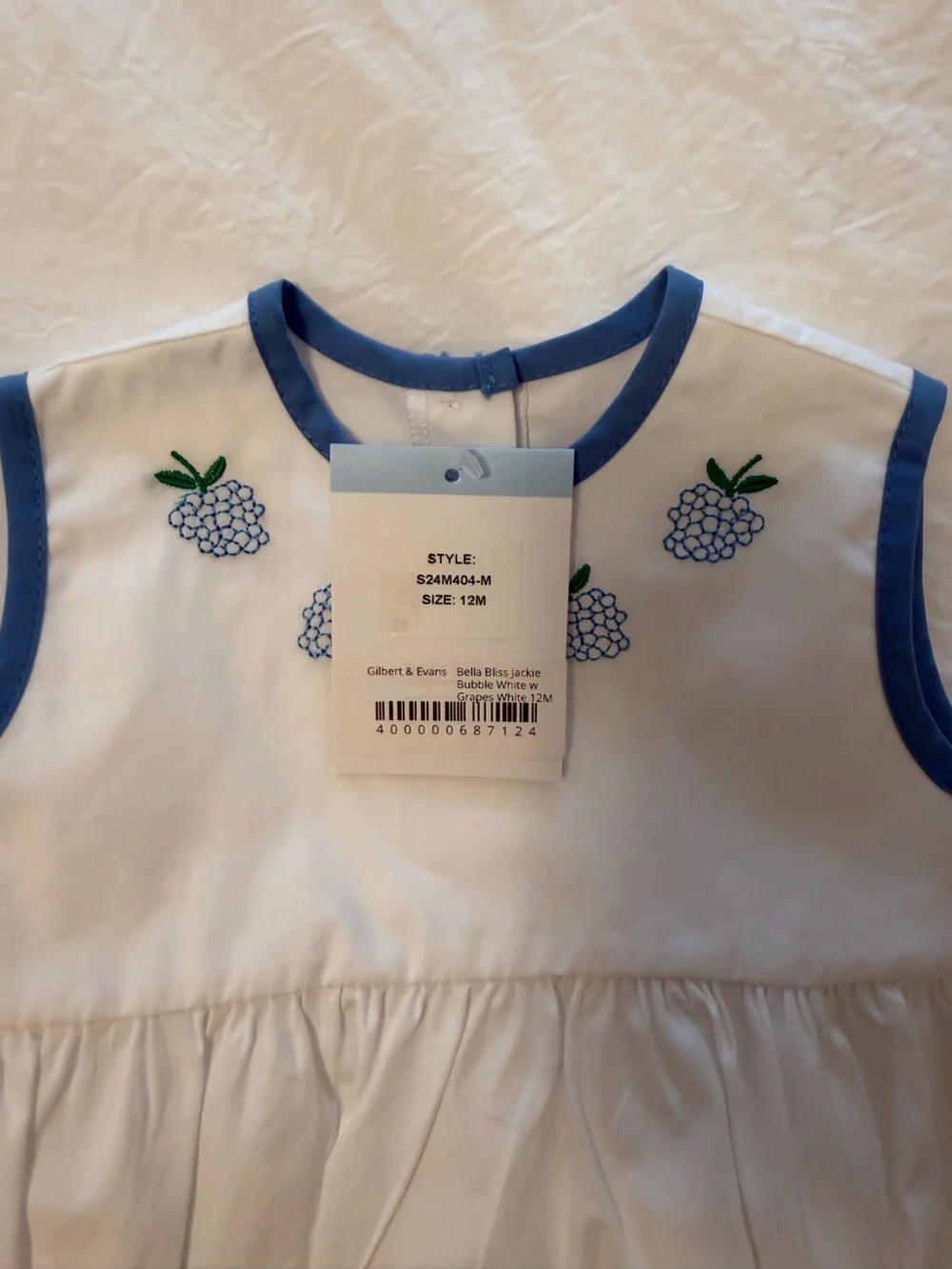 White Baby Bubble Romper with Blue Trim and Grape Embroidery- NWT